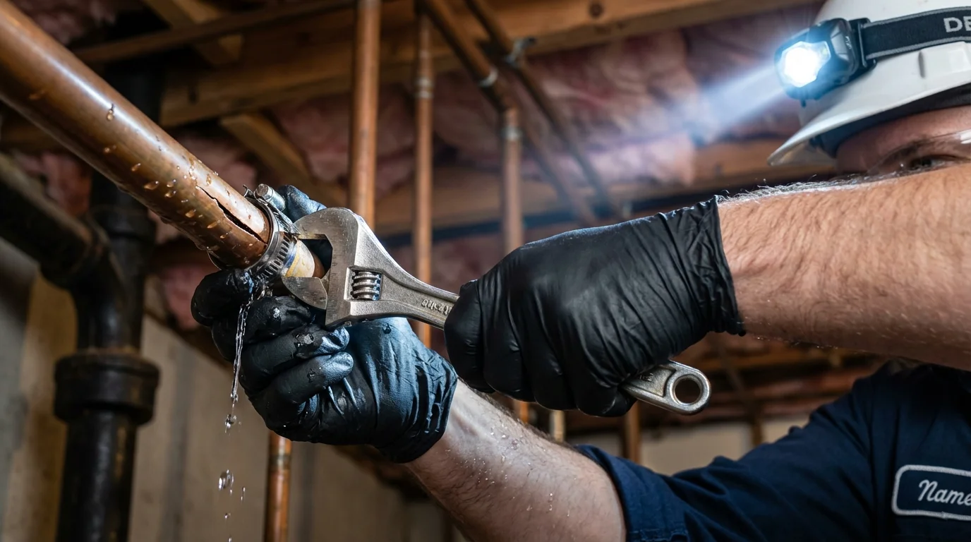 Emergency pipe clamp repair being performed by a Johns Plumbing LLC plumber in Yates Center