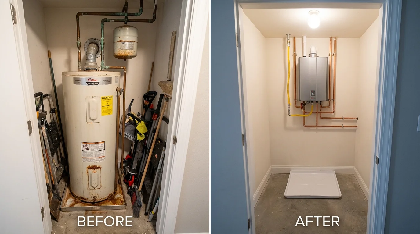 Tank water heater versus wall-mounted tankless unit comparison for Yates Center, KS homeowners