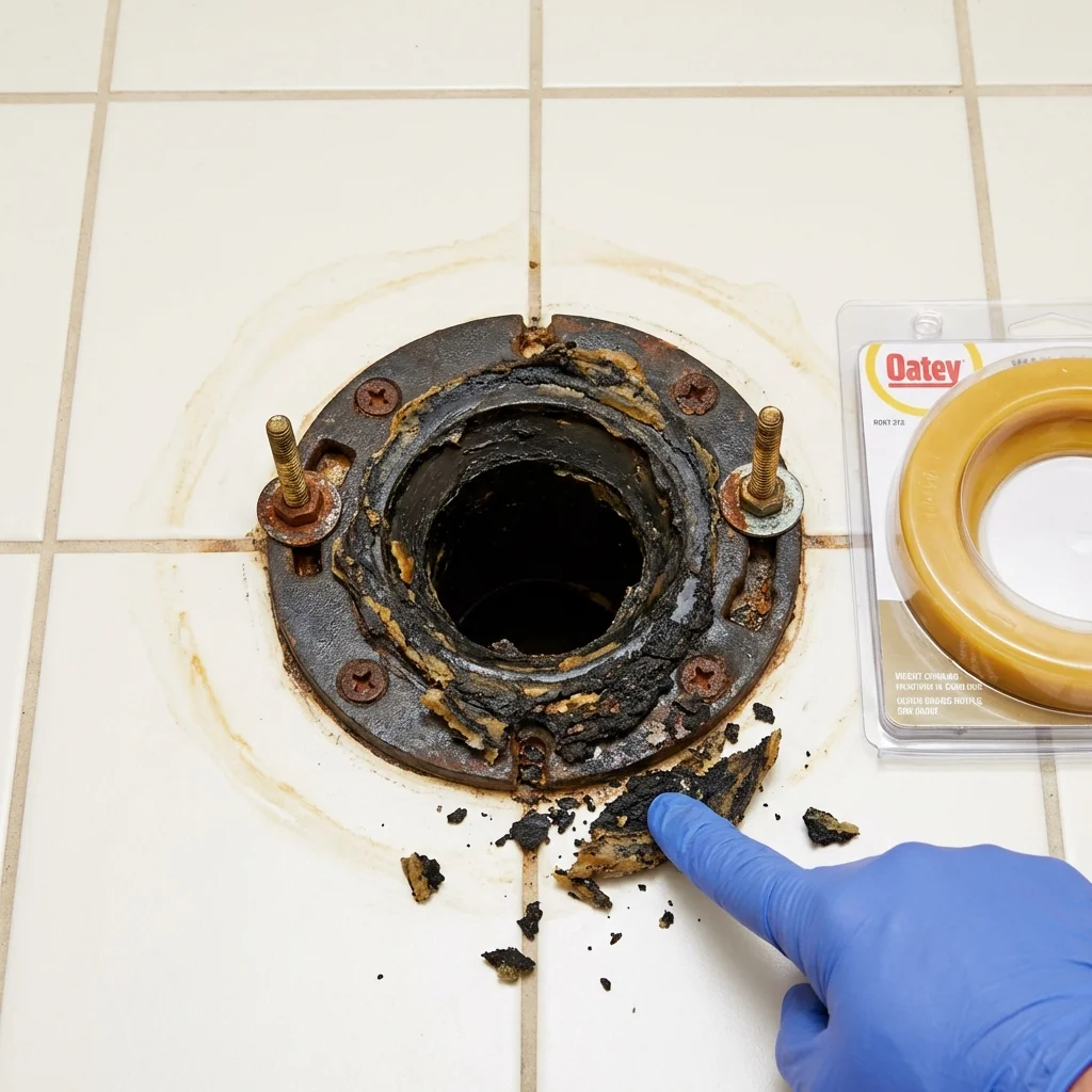 Failed wax ring showing water seepage at the base of a toilet in a Yates Center, KS home