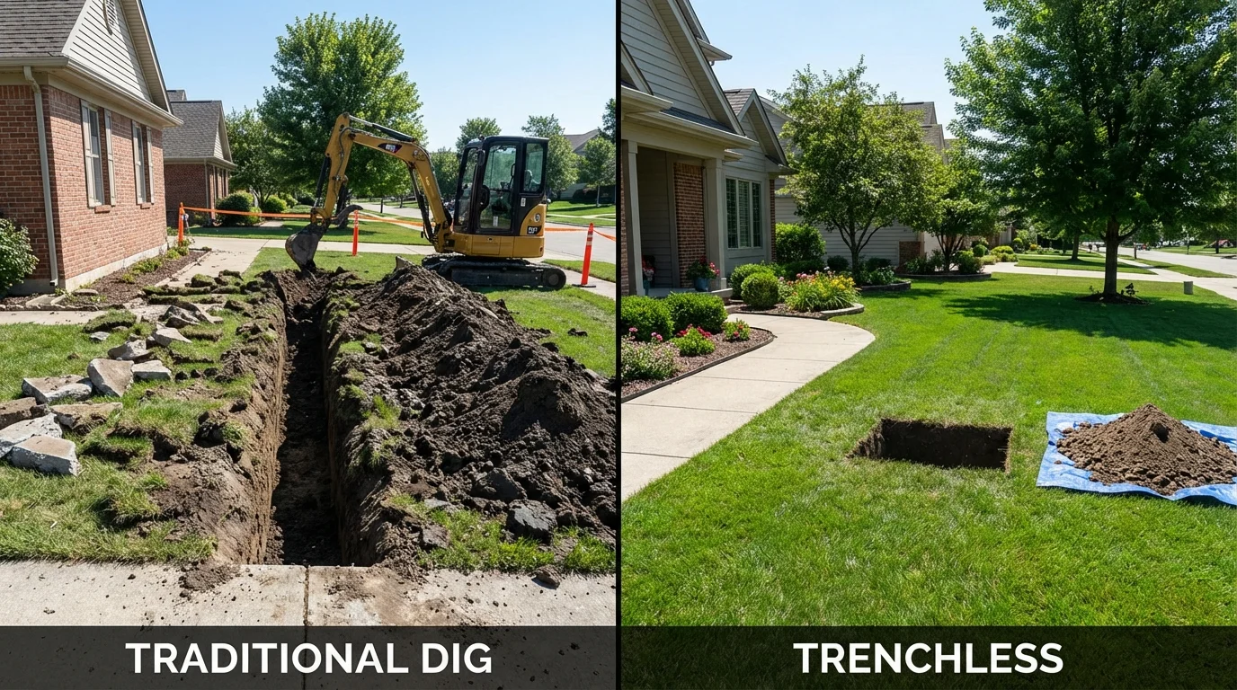 Trenchless sewer repair with minimal yard damage versus traditional excavation in Yates Center, KS