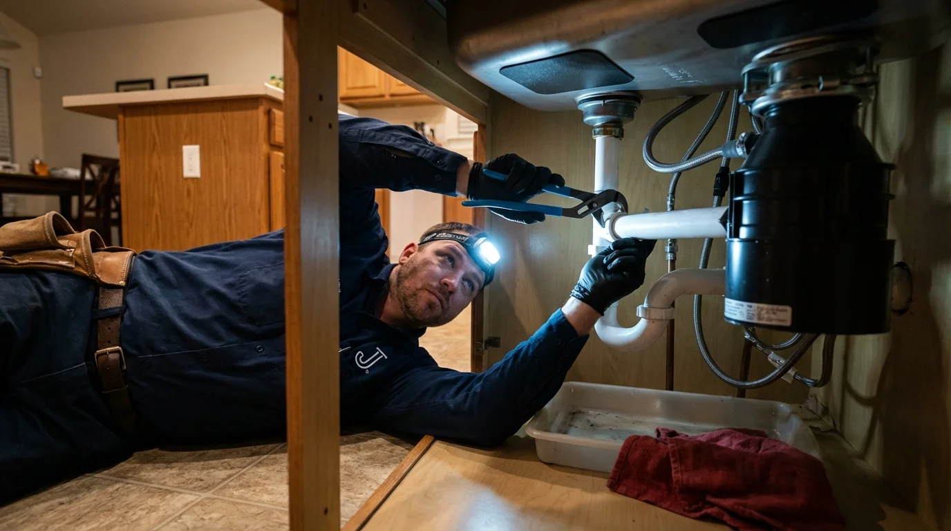 P-trap and supply line connections under a kitchen sink showing a common leak point in Yates Center, KS